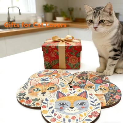 Onderzetters set - Houten coasters - Tafelblad beschermen - Handgemaakt kattenontwerp - 6 stuks - Kleurrijk