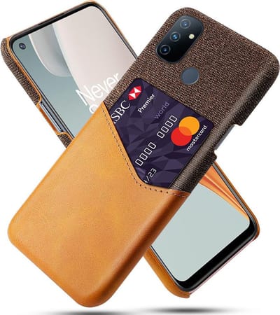 OnePlus Nord N100 Luxe Hybride Backcover met Pasjeshouder + Glas Screenprotector _ Bruin
