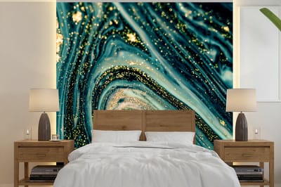 Behang - Fotobehang Marmerlook - Luxe - Goud - Turquoise - Glitter - Breedte 240 cm x hoogte 240 cm
