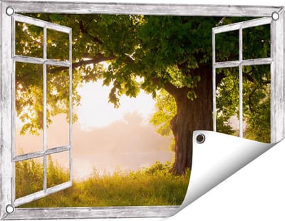 Gards Tuinposter Doorkijk Eikenboom aan het Water met Volle Bladeren - 60x40 cm - Tuindoek - Tuindecoratie - Wanddecoratie buiten - Tuinschilderij