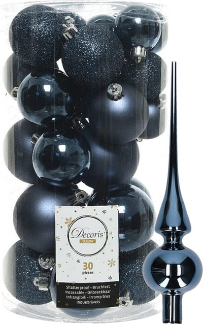 Decoris kerstballen 30x stuks - donkerblauw 4/5/6 cm kunststof mat/glans/glitter mix en shiny glazen piek 26 cm