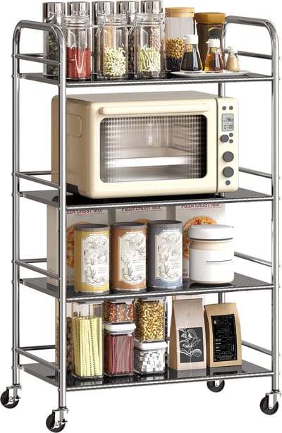 TEKROA® Keukentrolley op Wieltjes - Opbergkar - Keuken trolley op wielen - Serveerwagen 4 plateaus - Opbergrek - Voor Keuken, Badkamer & Huishouden- Organizer op wieltjes - Bijzet meubel- 60x35x100 cm