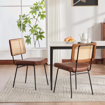 Eetkamerstoel - 2 Stuks - PU Leder Vintage Eetstoel - Rattan Rug Met Houten Frame - Verstelbare Metalen Voeten - Bruin