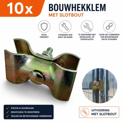 Bouwhekklem standaard - Met slotbout - Set van 10 - Stalen hekverbinders