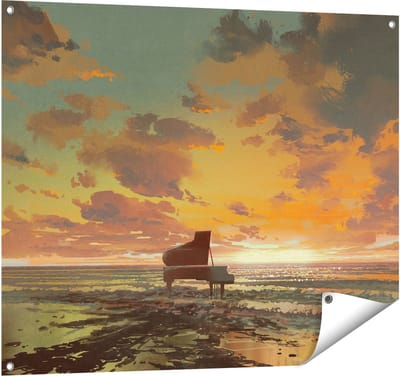 Gards Tuinposter Piano op het Strand bij Zonsondergang - 100x80 cm - Tuindoek - Tuindecoratie - Wanddecoratie buiten - Tuinschilderij