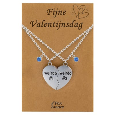 Koppel Ketting voor 2 'Fijne Valentijnsdag' - Weirdo's Hartje - Vriendschapsketting op Cadeau Kaartje - 45cm + 5cm verstelbaar - Zilverkleurig - BFF Hanger - Pax Amare