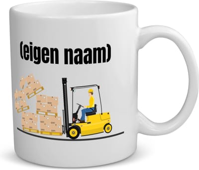 Akyol - heftruck met vallende pallet met eigen naam koffiemok - theemok - Heftruck - mensen die werken in de magazijn - collega's - verjaardag - afscheidscadeau - geschenk - kado - 350 ML inhoud