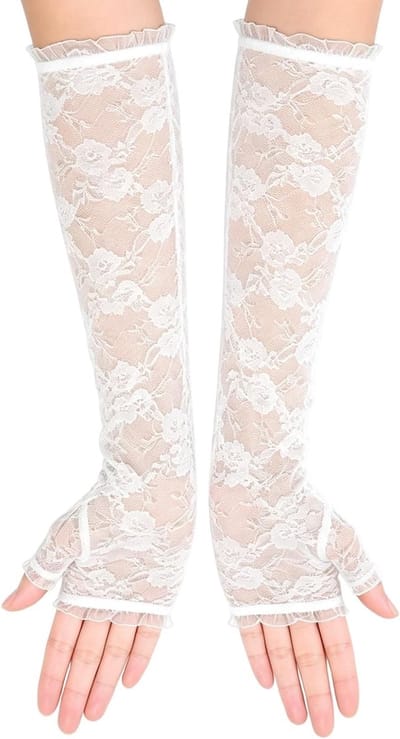 Elegante Vingerloze Lange Witte Kant Handschoenen voor Dames | Perfect voor Bruiloft, Opera en Feestjes met Bloemenpatroon