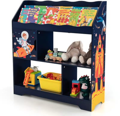 COSTWAY 3-in-1 speelgoedrek, 3 verdiepingen tellend kinderrek met opbergvakken en deur, speelgoedorganizer, boekenkast voor speelkamer, woonkamer, kleuterschool, 93 x 30 x 100 cm (blauw)