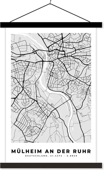 Posterhanger incl. Poster 40x60 cm - Schoolplaat - Mülheim An Der Ruhr - Kaart - Plattegrond - Stadskaart - Duitsland - Textielposter - Zwarte latten - Stadskaart