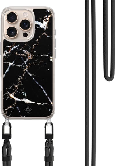 Casimoda® hoesje met koord - Geschikt voor iPhone 16 Pro Max - Marmer Zwart - Afneembaar koord - TPU/polycarbonaat - Zwart