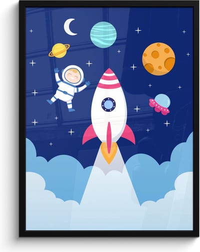 Poster in lijst - Fotolijst 60x80 cm - Posters - Raket - Ruimte - Astronaut - Blauw - Jongens - Posterlijst zwart - Kamer decoratie - Wanddecoratie kinderkamer - Muurdecoratie babykamer