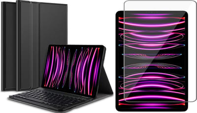 Hoes met toetsenbord geschikt voor iPad Pro 12.9 - Screen Protector GlassGuard - 2018 / 2020 / 2021 / 2022 - Keyboard Book Case Cover Hoesje Zwart & Screenprotector