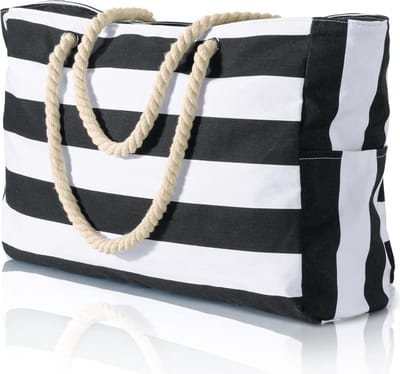 Geweo strandtas met rits - schoudertas - Grote beachbag - Gestreep - Waterafstotend Materiaal - Zwart