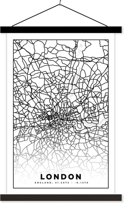 Posterhanger incl. Poster 40x60 cm - Schoolplaat - Londen - Zwart Wit - Stadskaart - Plattegrond - Kaart - Textielposter - Zwarte latten - Stadskaart