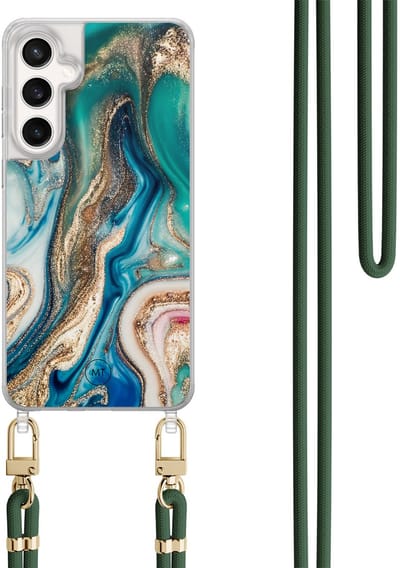 Hoesje met koord geschikt voor Samsung Galaxy S24 FE - Magic marble - Inclusief Groen koord - Crossbody beschermhoes - Transparant, Multi - Mooie Telefoonhoesjes