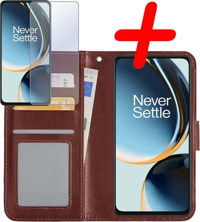 Hoesje Met Screenprotector - Geschikt voor OnePlus Nord CE 3 Lite - Luxe Pasjeshouder - Bookcase Portemonee - Flip Case - Kunstleer Book Case - Flipcase - Book Cover - Walletcase - Portemonneehoes - Bruin