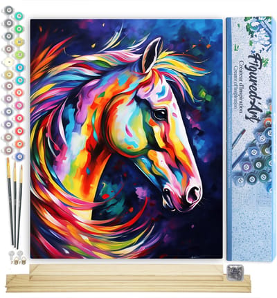 Figured'Art Schilderen op Nummer Volwassenen canvas Kleurrijke Abstracte Paard- Handwerk acrylverf Kit DIY Compleet - 40x50cm met DIY houten lijst