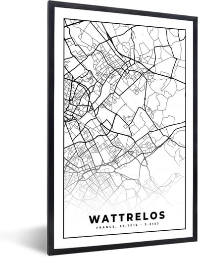 Fotolijst incl. Poster Zwart Wit- Frankrijk – Kaart – Plattegrond – Stadskaart - Wattrelos - Zwart wit - 40x60 cm - Posterlijst