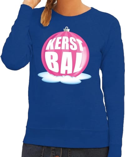 Foute kersttrui kerstbal roze op blauwe sweater voor dames - kersttruien XS