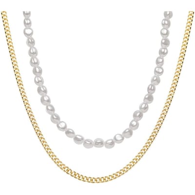Meerlaagse Retro Temperament Slot Gesp Handgemaakte Parel Ketting Vrouwen 3 Delige Set Sleutelbeen Ketting Trend Accessoires Trend white
