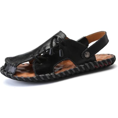 Été Nouvelles Pantoufles à Bout Fermé Double Usage Sandales en Cuir Véritable Sandales Romaines Tressées à la Main pour Homme Chaussures de Plage à Bout 48 black