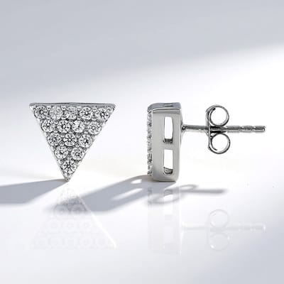 Cavill - Zilveren Oorbellen - 925 Sterling Zilver Geplatineerd - 30 Cambodjaanse Zirkoon 0 969 ct Rond Pavé Driehoekig Modern Elegant 10 mm