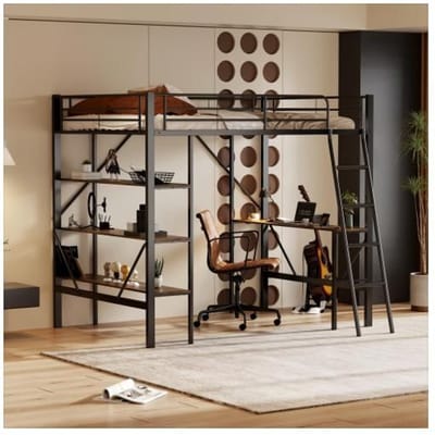 Verhoogd bed - MUVOE - 90x200 cm - Zwart metaal - Geïntegreerd bureau - 3 planken zwart