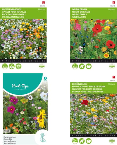 set van 4 soorten bloemenzaden bloemenmengsels | Wildbloemen | Grasranden | Rotstuinbloemen | Zomerbloemen gemengd
