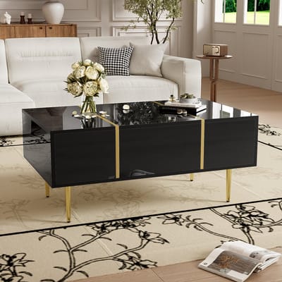 Gutent Salontafel, Zwart met Gouden poten, Hoogglans moderne salontafel, 2 laden met opbergruimte