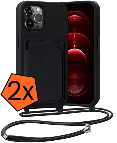 Hoesje Geschikt voor iPhone 13 Pro Hoesje Met Telefoonketting Pasjeshouder Case Koord - Hoesje Geschikt voor iPhone 13 Pro Hoes Met Kaarthouder - Zwart - 2 PACK