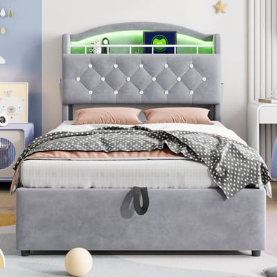 VVBV Gestoffeerd Opbergbed 90x200 cm met Voor Kinderen/Tieners, USB - LED-Verlichting, Opbergruimte - Fluweel Grijs