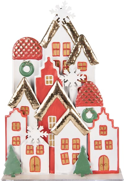 Clayre & Eef Kerstdecoratie Beeld Huis 30x8x46 cm Wit Rood Metaal