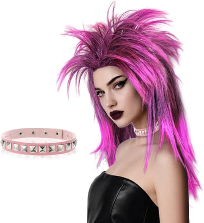 Langwerpige Hot Pink Punk Peruk Set voor Volwassenen met Roze Choker voor Rockster Kostuums en Feestjes - Perfect voor 70s, 80s en Hippie Thema's