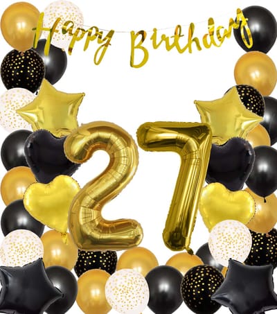 Snoes Ballonnen 27 Jaar Black Gold Dots Mega Ballon - Compleet Feestpakket Goud Zwart Stippen Cijferballon 27 - Verjaardag Versiering DIY Slinger Happy Birthday – Folieballon – Latex Ballonnen - Helium Ballonnen