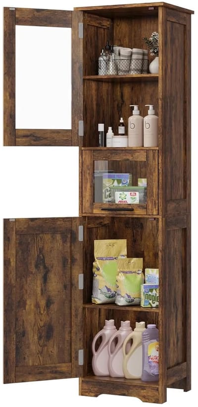 Hoge Badkamerkast - Voor Badkamer & Wasruimte - Vrijstaande Smalle Opbergkast - Verstelbare Planken - Bruin