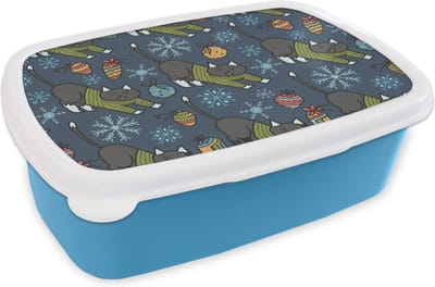 Broodtrommel Blauw - Lunchbox - Brooddoos - Katten - Sneeuw - Kerstbal - Patronen - 18x12x6 cm - Kinderen - Jongen