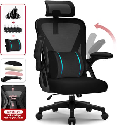 Hiaonyx bureaustoel - ergonomische bureaustoel - bureaustoelen voor volwassenen - Opklapbare armleuningen - 4D lendensteun - Maximale kanteling 135° - Inclusief lendenkussen en stille wielen - Zwart