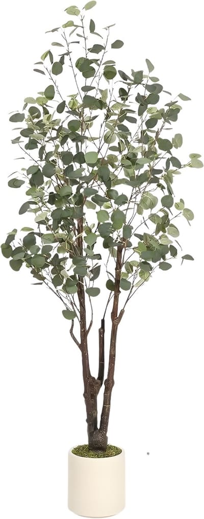 Kunstmatige eucalyptusboom - Voor thuiskantoor - Decoratieve kamerplant met LED-verlichting - Groen met witte plantenbak - Groen-180cm