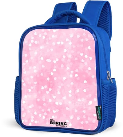 NoBoringSuitcases.com® - Rugzak blauw - Schooltas jongens - Roze glitter hartjes - Kinder rugtas jongen - Boekentas kind - Kinderrugzak voor school - Schoolrugzak