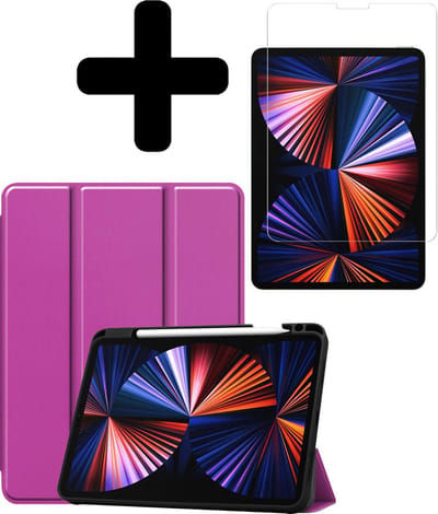 Hoes - Geschikt voor Apple iPad Pro (2021) - 11 inch - 3e generatie - Met Screenprotector - Trifold Bookcase - Hard Cover Case - Met Uitsparing Geschikt voor Apple Pencil - Hardcover Book - Tablet Hoesje - Paars