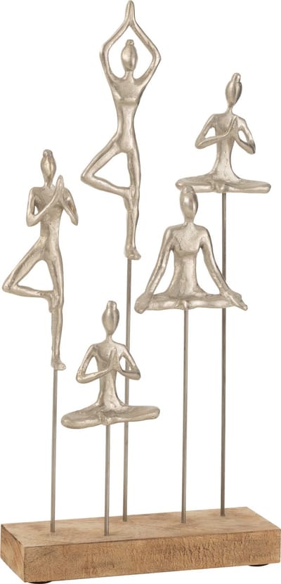 Beeld Yoga groep gemaakt van aluminium en mangohout - 26x9x53 cm - zilver en hout