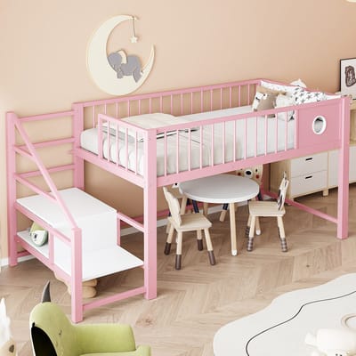 DESMIU Lage Hoogslaper 90 x 200 cm - Met Opbergleider en Stevig Metalen Frame - Voor Kinderen en Tieners - Ruimtebesparend - Roze - Zonder matras