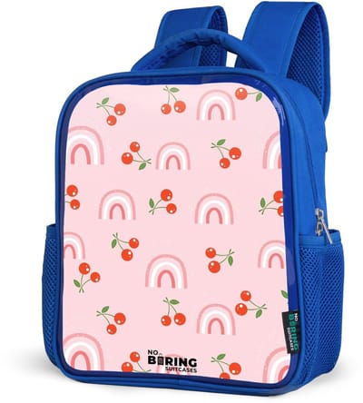 NoBoringSuitcases.com® - Rugzak blauw - Schooltas jongens - Roze met regenboog en kersen patroon - Kinder rugtas jongen - Boekentas kind - Kinderrugzak voor school - Schoolrugzak