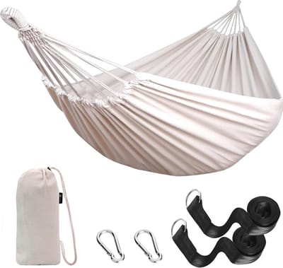 Hangmat Outdoor Katoen Comfortabele stof met boomvriendelijke riemen om op te hangen, Stevige draagbare hangmat met reistas voor tuin, binnen, balkon, terras, camping