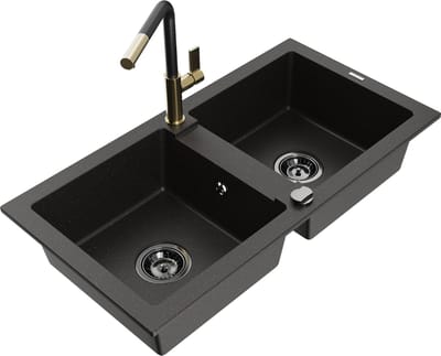 Mexen Mario granieten gootsteen 2-kamer met keukenmengkraan Flora, zwart/goud metallic - 6504-75-670401-57-B