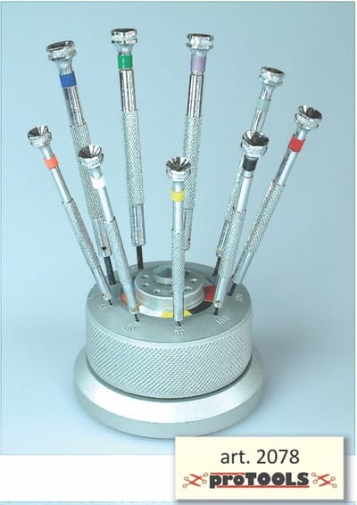Precisie schroevendraaiers plat (9 stuks) op stand / draaiende voet (horloge, bril, juwelen, hobby,...)