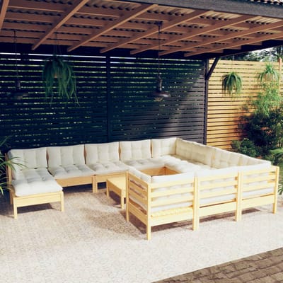 vidaXL - 12-delige - Loungeset - met - crèmekleurig - kussens - grenenhout