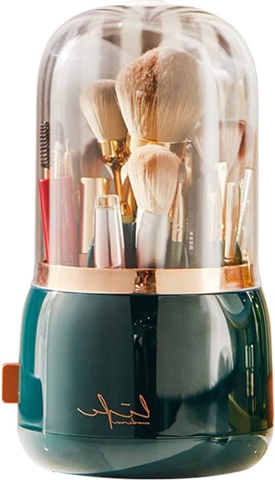 360 Graden Draaiende Makeup Organizer met Stofdichte Deksel - Acryl Opbergdoos voor Lippenstift, Eyeliner en Makeupkwasten - Ideaal voor Slaapkamer en Badkamer (Donkergroen)