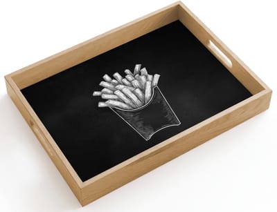 Dienblad hout 40x30 cm - Schootdienblad - Friet - Witte krijttekening - Zwart - Borrelplank rechthoek - Plateau dienbladen